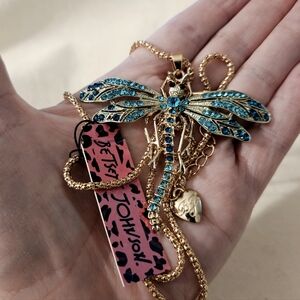 Betsey Johnson Gold Tone Blue Rhinestone Dragonfly Pendant Necklace 29"L NWT